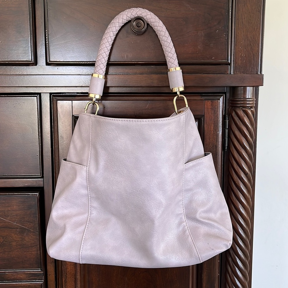 Shoulder purse with braided leather handle in Lilac
